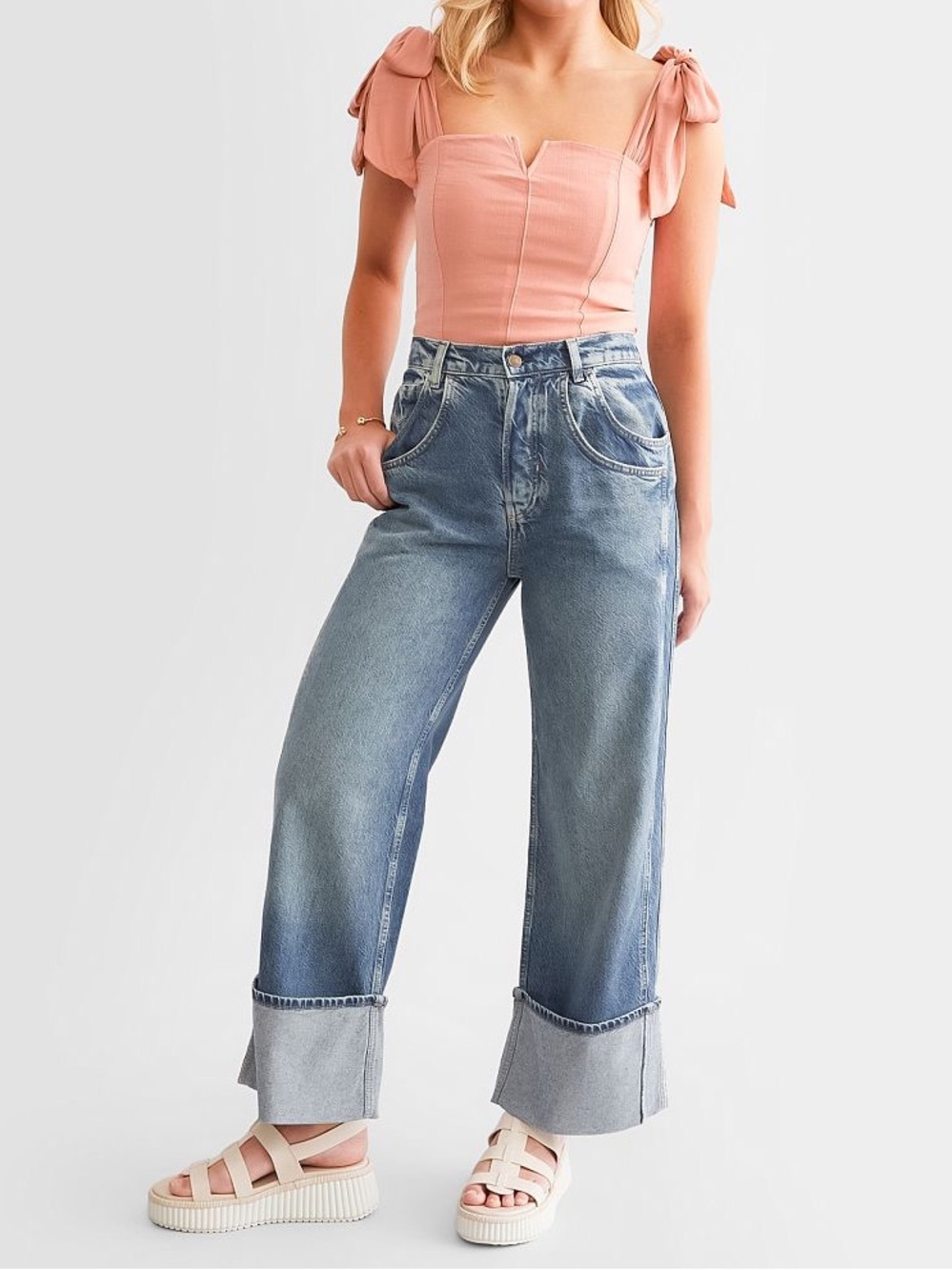 We The Free High-Rise Wide-Leg Cuffed Jeans in Light Blue